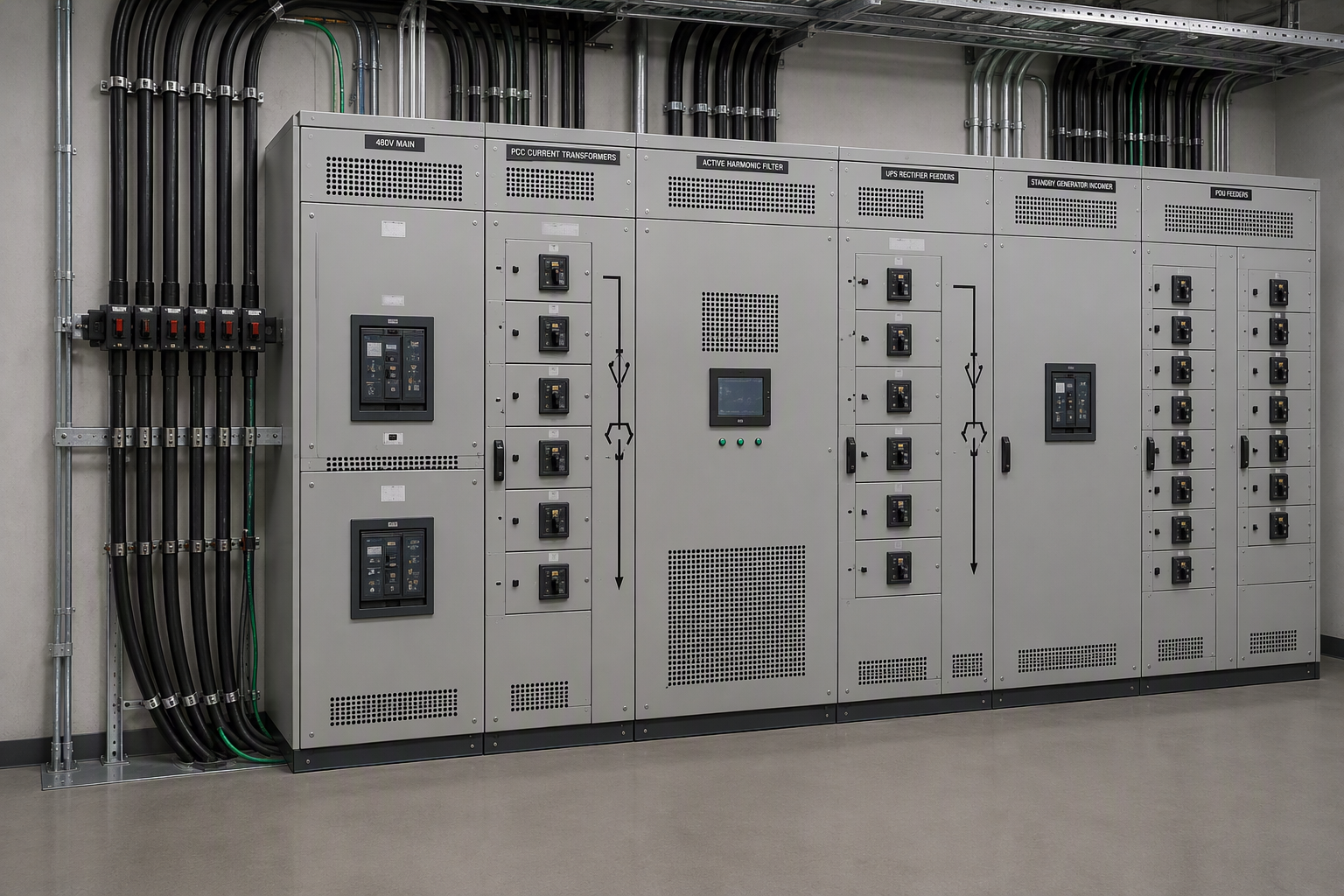 active harmonic filter for 480V data center THDi correction with PCC measurement and 3-level topology cabinet